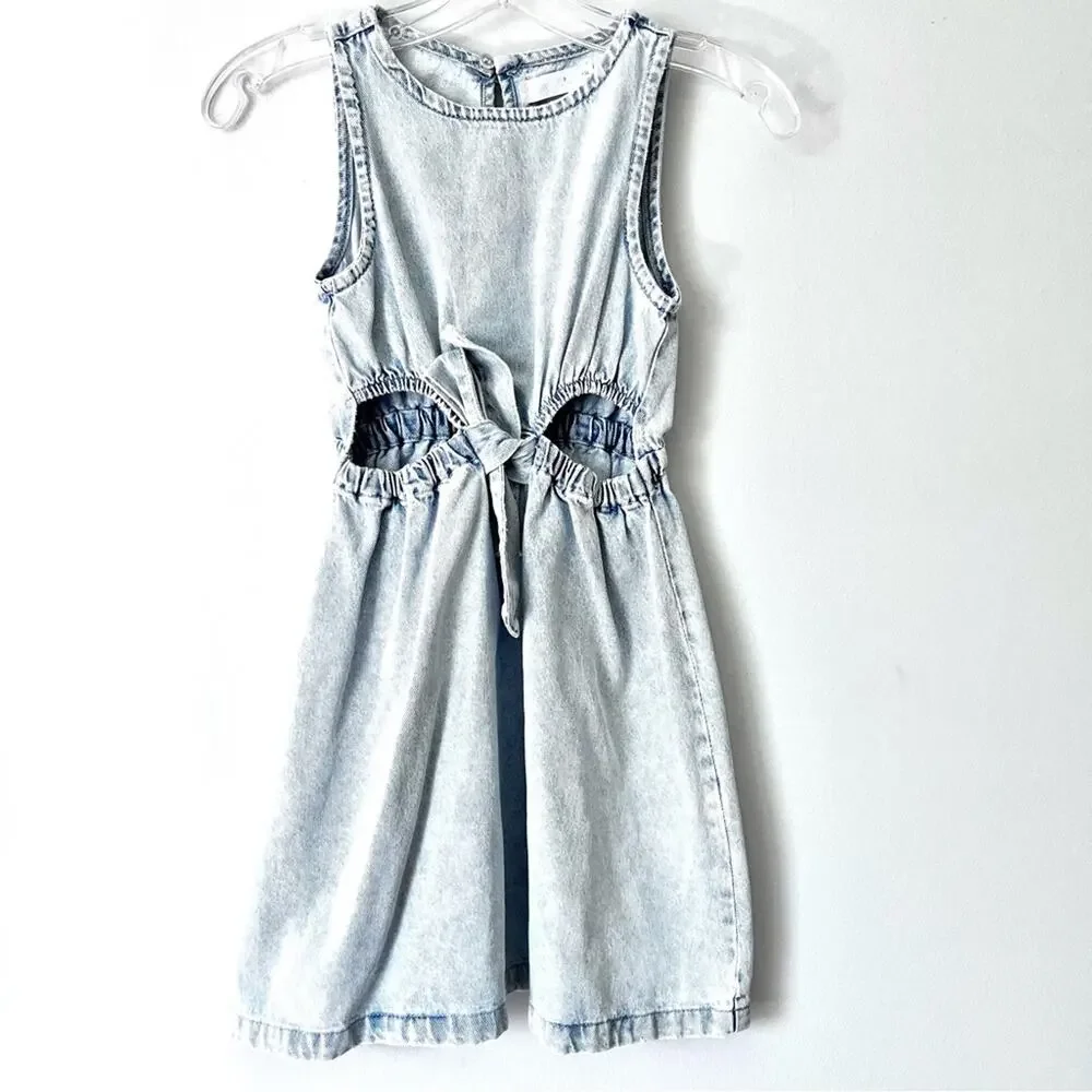 Zara Girls Acid Denim Dress Blue Size 9 with Tie & Slits